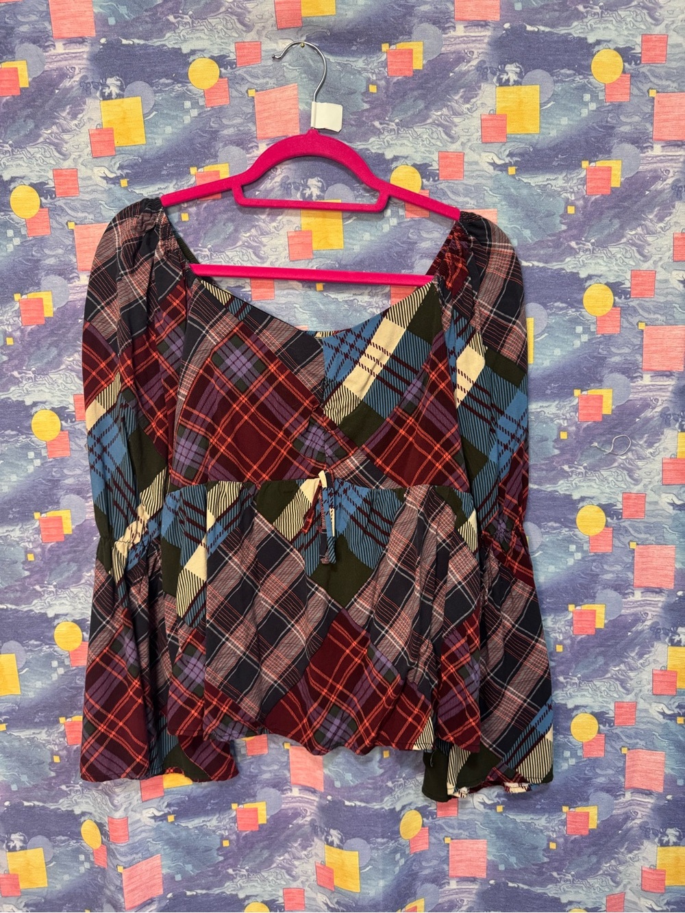 Cato Multicolor Plaid Peasant Tunic - Navy, Burgundy, Blue, Cream